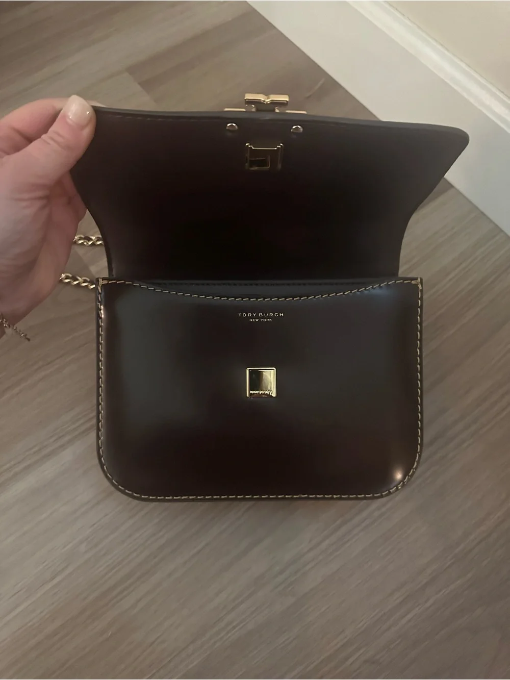 Tory Burch Dark Brown Leather Crossbody with Gold Chain